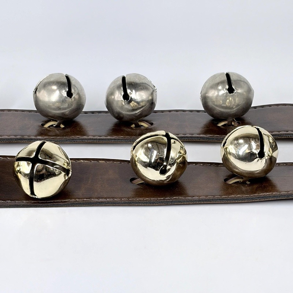 Vintage Sleigh Bells Brown Leather Straps Gold Silver Jingle Bells 2pk - Picture 6 of 10